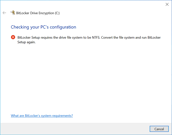 BitLocker Setup requires ntfs